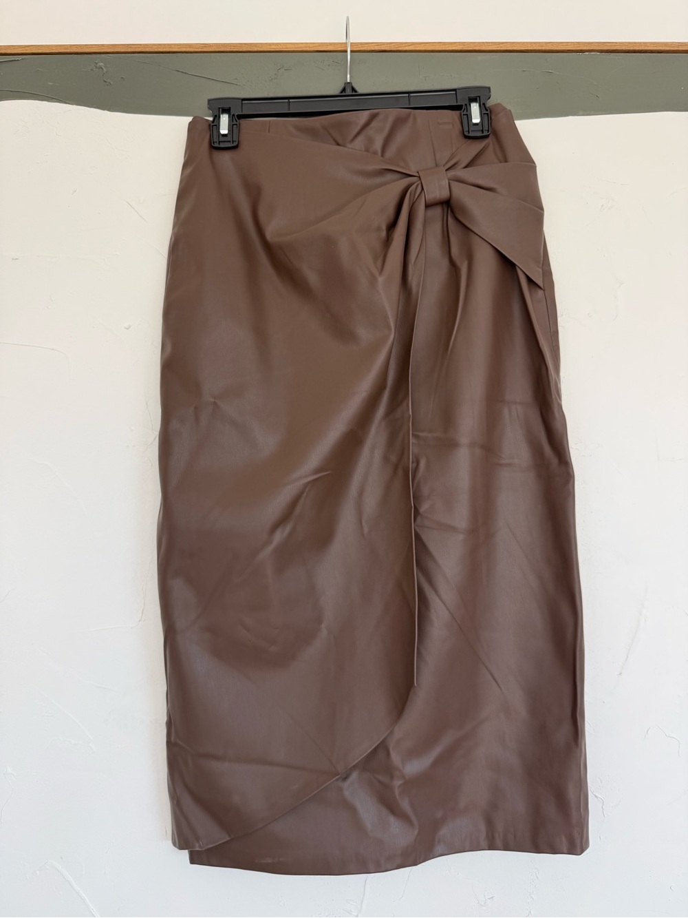 Zara Chocolate Brown Faux Leather Midi Skirt with Side Tie